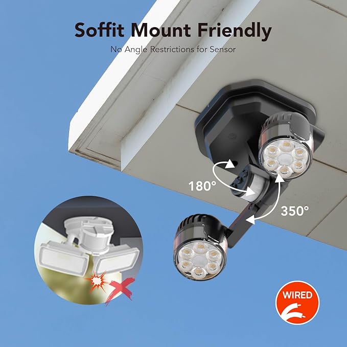 OREiN Motion Sensor Outdoor Security Lights Dual-Head Adjustable LED Flood Lights 3 Modes (Motion/Manual/Dusk to Dawn) 150W Equivalent 5000K IP65 Waterproof Hardwired Black (2 Pack)