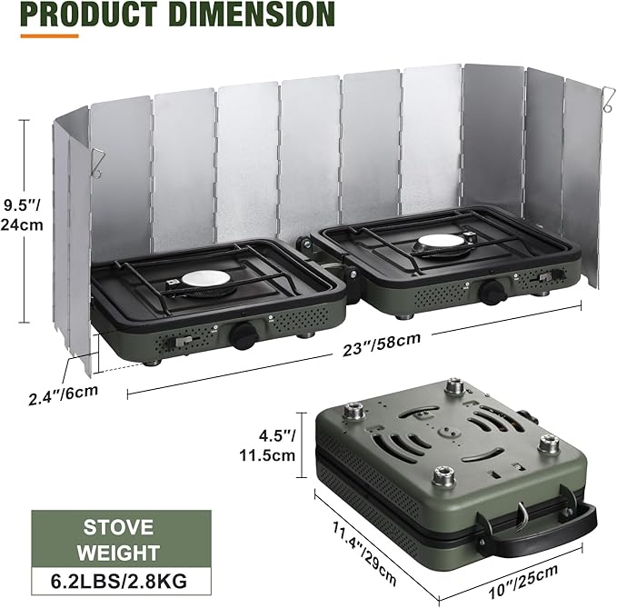 2 Burner Camping Stove with Windscreen Portable Folding Gas Stove with 17200 BTU Adjustable Burners12 Plates Foldable Aluminum Camping Stove Windshield Suitable for Propane &amp Butane