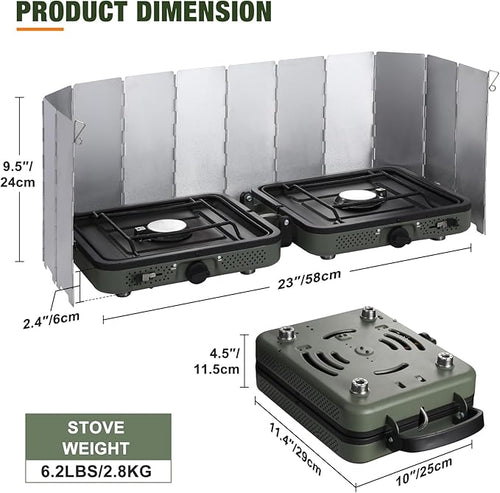 2 Burner Camping Stove with Windscreen Portable Folding Gas Stove with 17200 BTU Adjustable Burners12 Plates Foldable Aluminum Camping Stove Windshield Suitable for Propane &amp Butane