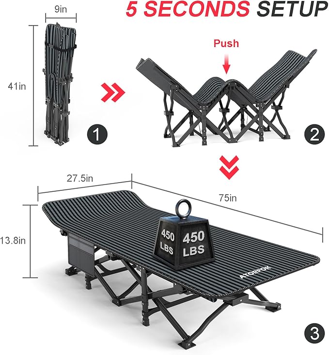 ATORPOK Camping Cot for Adults with Cushion Comfortable Tent Folding Cot for Sleeping Lightweight Folding Bed with Carry Bag Supports 450 lbs