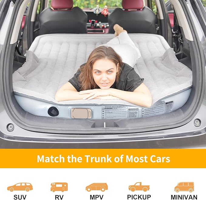 KMZ Portable SUV Air Mattress - Built-in Electric Pump for Fast Inflation - Soft Flocked Surface Car Bed - Ideal for Road Trips &amp Outdoor Camping - Grey