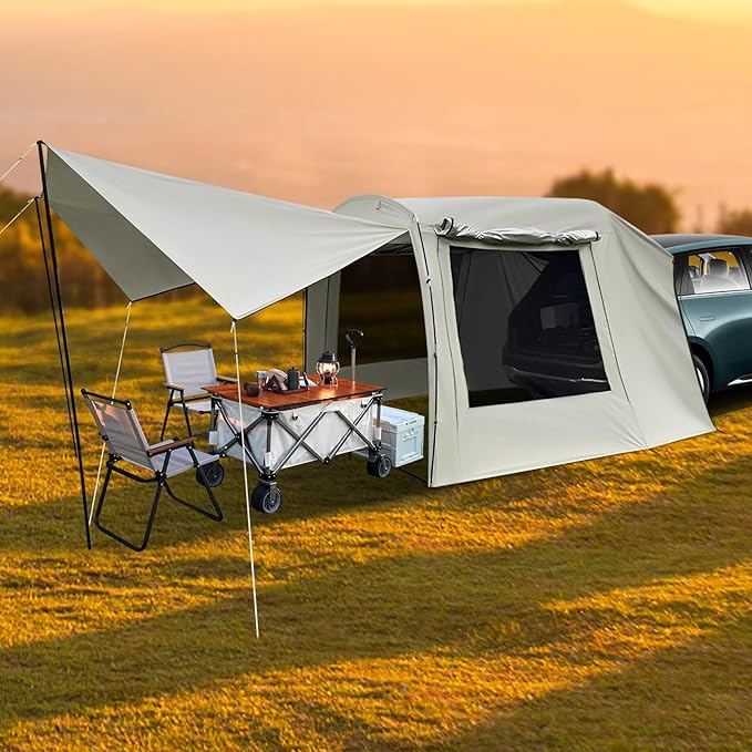Car Camping Outdoor Tent 4-6 People Canopy Waterproof Camping Shelter with 2 Mesh WindowsSuitable for SUVs MPVs and Two-Door Sedans with Separate Upward-Lifting Tailgates(9.35x7.87x6.4)