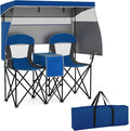 S AFSTAR Camping Chair with Canopy 2-Person Folding Beach Chair with Cup Holders 3-Side Shading Curtains &amp Cooler Bag Foldable Loveseat Lawn Chair for Camping Outdoor &amp Fishing (Navy Blue)
