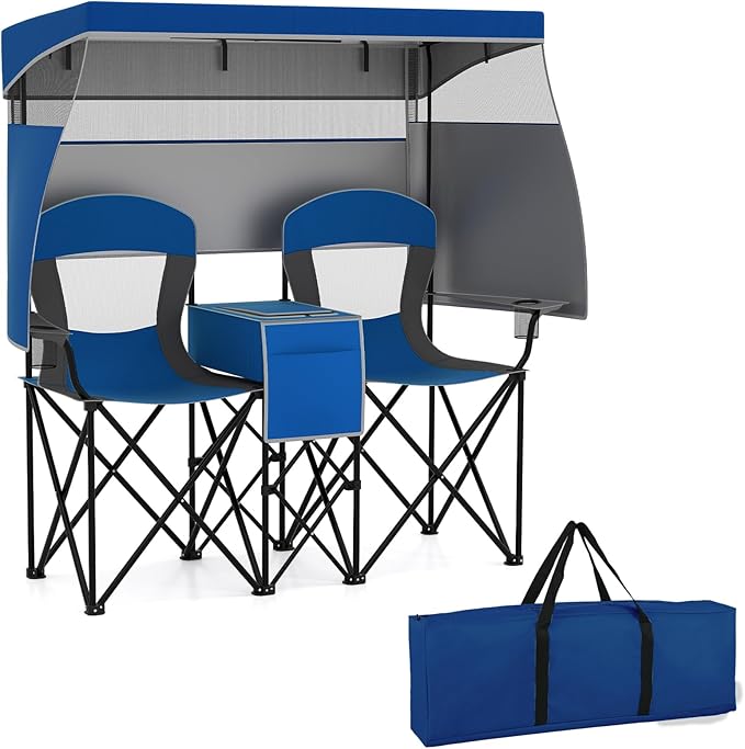 S AFSTAR Camping Chair with Canopy 2-Person Folding Beach Chair with Cup Holders 3-Side Shading Curtains &amp Cooler Bag Foldable Loveseat Lawn Chair for Camping Outdoor &amp Fishing (Navy Blue)