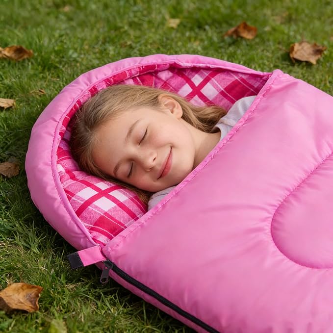 Uniqwamer Kids Sleeping Bag for Girls Boys - 4 Seasons Cold &amp Warm Weather Flannel Camping Sleeping Bags Lightweight &amp Waterproof 45°F Sleeping Bag for Camping Hiking Outdoor Travel