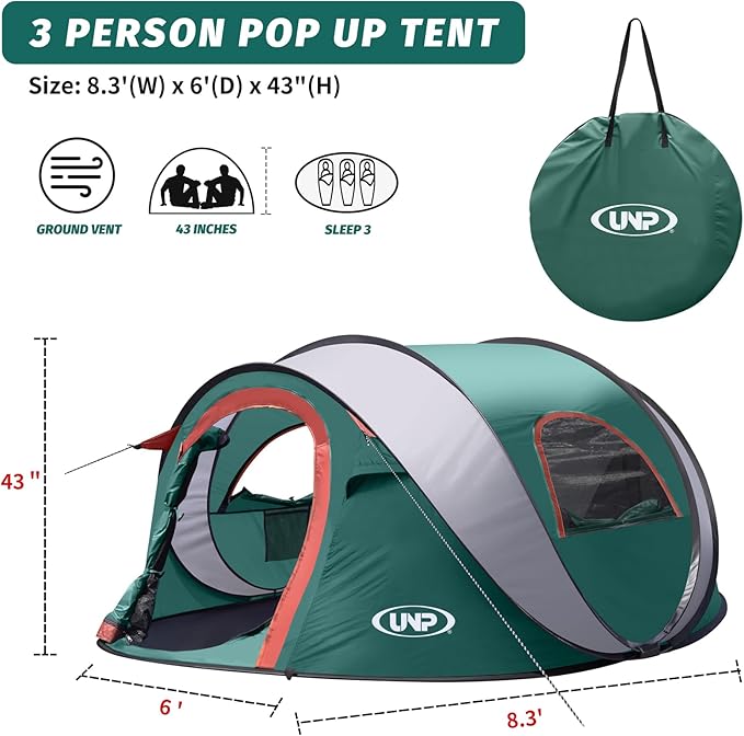 Pop-up Tent 3 Person Camping Tent Instant Portable Beach Tent Easy Pop Up Shade Tents 2 Doors for Camping Hiking &amp Traveling with Carrying Bag