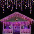 QITONG Orange and Purple Icicle Lights for Outside 33ft 400 LED String Light Indoor Plug in 8 Modes Connectable Halloween Icicle Lights Clear Wire