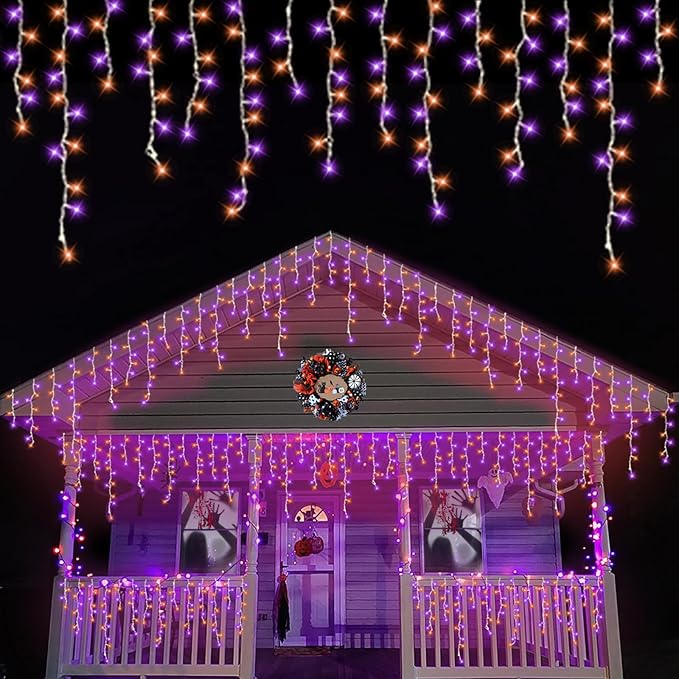 QITONG Orange and Purple Icicle Lights for Outside 33ft 400 LED String Light Indoor Plug in 8 Modes Connectable Halloween Icicle Lights Clear Wire