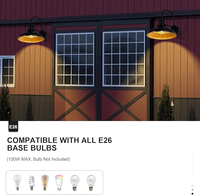 Outdoor Barn Light Fixtures 16 Inch Large Dome Farmhouse Exterior Wall Mount Lights Rustic Wall Sconces Indoor Wall Lighting Industrial Black Gold Lanterns for Porch Garage 2 Pack