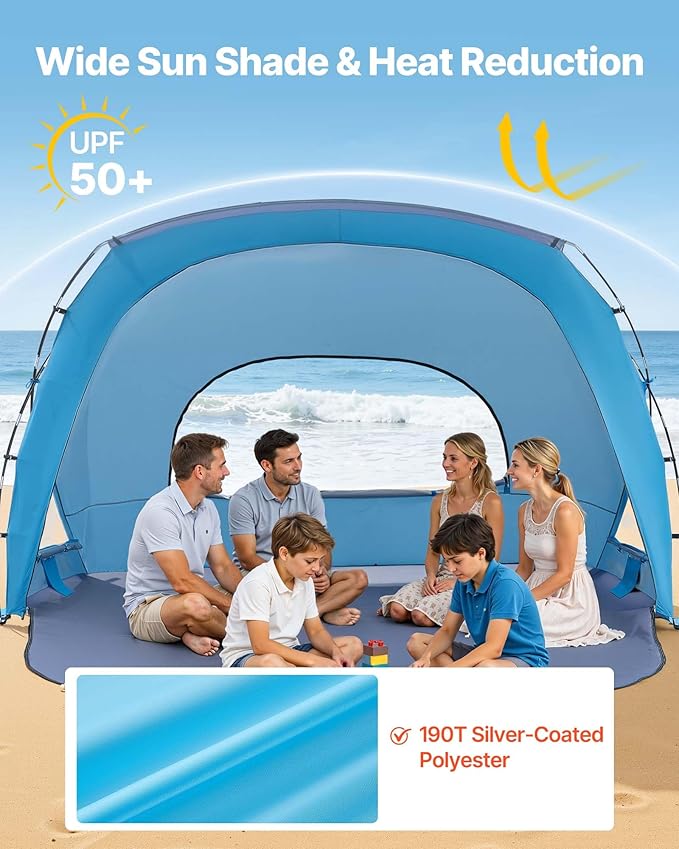 VEVOR Beach Tent Sun Shelter for 6 Person UPF 50+ Portable Sun Shade Beach with Carrying Bag &amp Sand Pockets Lightweight and Easy Setup Beach Umbrella for Family Camping Outdoor Picnic