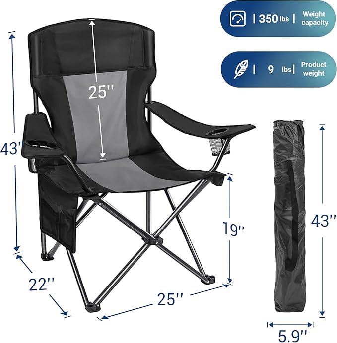 AsterOutdoor Camping Folding Chair Padded Quad Arm Chair with Large Cup Holders Side Organizer &amp Back Pocket for Outdoor Camp Indoor Patio Fishing Supports 350lbs