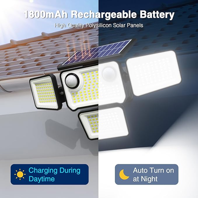 4500LM Solar Lights Outdoor Waterproof 254 LED Solar Flood Lights Outdoor with 2 Motion Sensor 4 Heads Security Light with Remote Control for Yard Outside House Garage 4 Pack