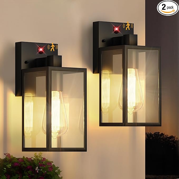 Motion Sensor Outdoor Wall Lights Dusk to Dawn Outdoor Porch Lights For House 2 Pack Exterior Lighting Fixtures with E26 Sockets Black Wall Mounted Waterproof Outside Lanterns For Garage Entryway