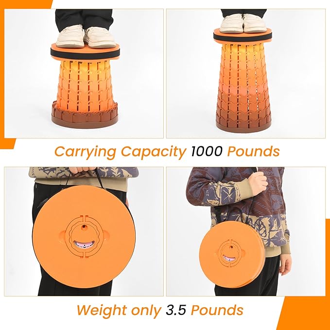 2 Pack Upgraded Folding Stool 19.7 Collapsible Stool Height Max Weight 1000lbs Portable Telescoping Seat with Cushion and Storage BagRetractable Folding Chair for Camping Hiking Outdoor BBQ-Orange