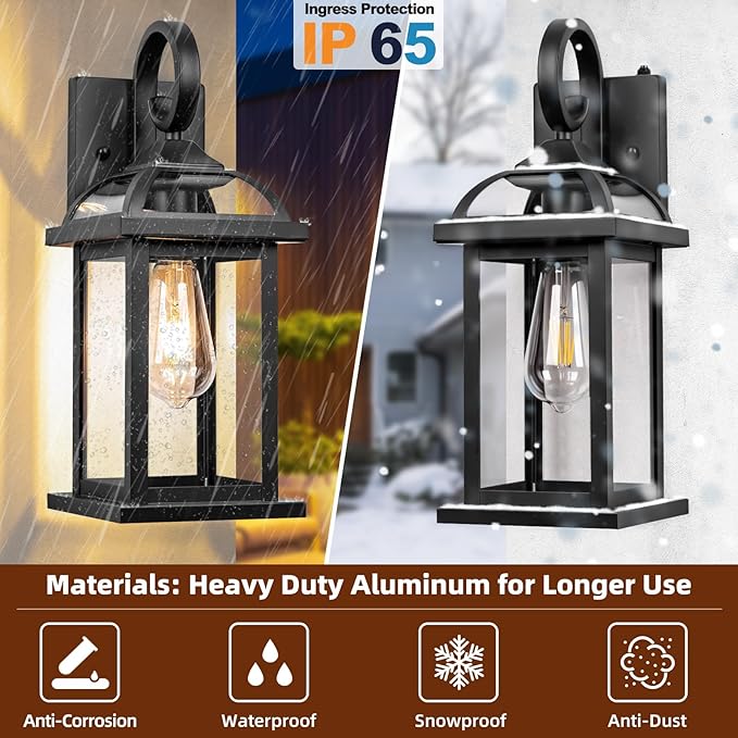 2-Pack Outdoor Wall Lights Dusk to Dawn 15 Inch Aluminum Anti-Rust Exterior Light Fixture with IP65 Clear Tempered Glass Large Outside Wall Sconce Lanterns for House Matte Black
