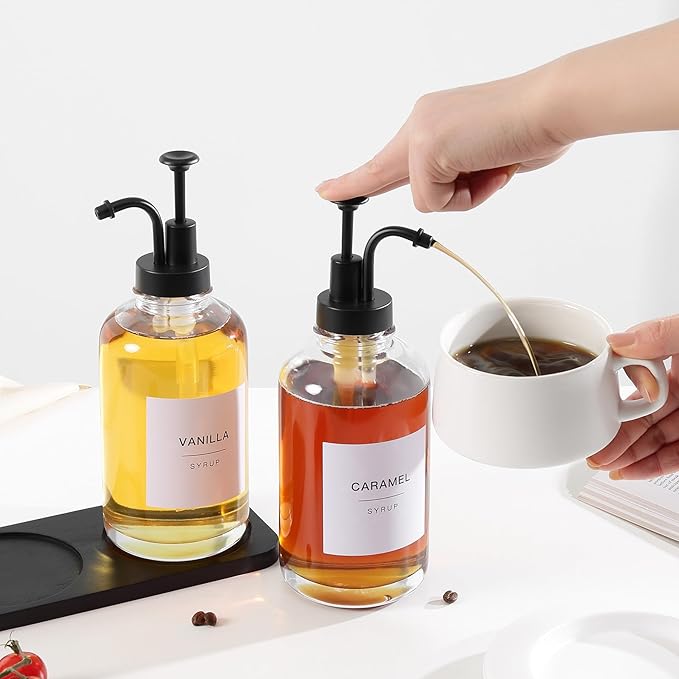 Glass Syrup Pump Bottle Dispenser for Coffee Bar Accessories with 84 Labels (Set of 2) 16.9 oz Matte Black
