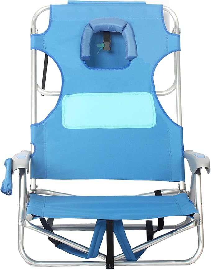 Ostrich 3N1 Lightweight Aluminum Frame 5-Position Reclining Beach Chair and Ladies Comfort On-Your-Back Outdoor Beach Chair with Backpack Strap Blue