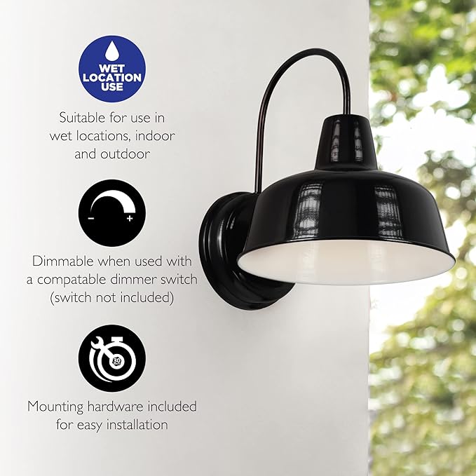 Design House Mason Farmhouse Gooseneck Barn Light Outdoor Exterior Porch or Patio Wall Light Fixture Satin Black 10 Inch Diameter 1-Pack 588830-SB