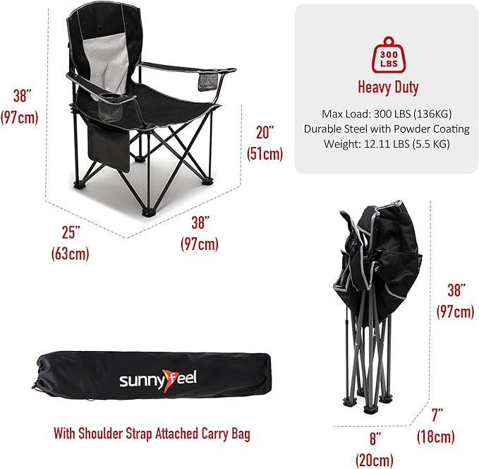 SUNNYFEEL Camping Chairs for Adults Oversized Camping Chair Heavy Duty 500LBS Portable Lawn Chair with Cup Holder Side Pocket&ampBag for Outdoor Camping/Beach/Picnic/Fishing Black 2 Pack