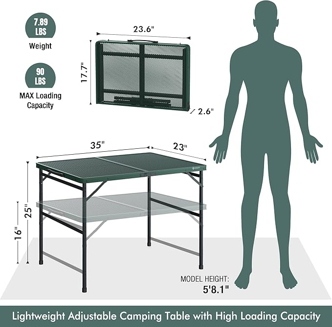 VILLEY Grill Table 3ft Folding Camping Table with Aluminum Adjustable Legs Portable Lightweight Camp Table for Beach Picnics and Outdoor Cooking