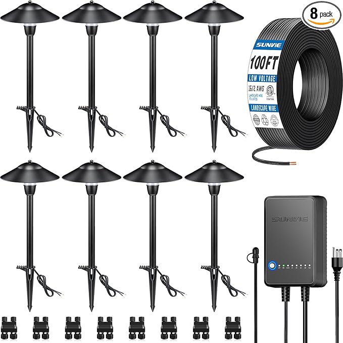 SUNVIE All-in-One LED Pathway Lighting Kit 8-Pack Low Voltage Landscape Lights with Transformer and 100FT 16/2 AWG Wire 3000K Waterproof Landscape Lighting with Connectors for Walkway Garden Yard