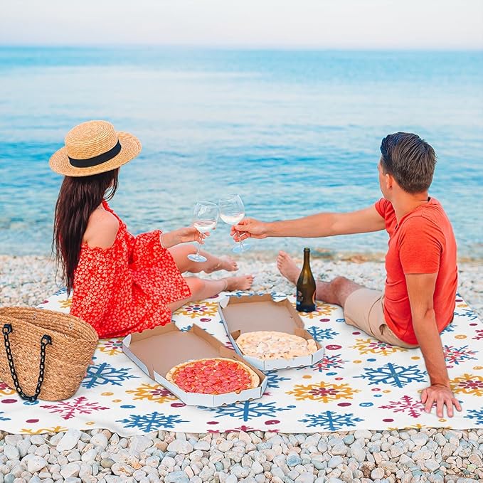 Waterproof Sandproof Beach Blanket 59''×68'' Needle Snowflake Polyester Outdoor Picnic Blanket with 4 Stakes &amp Storage Bag for BeachCampingVacation White
