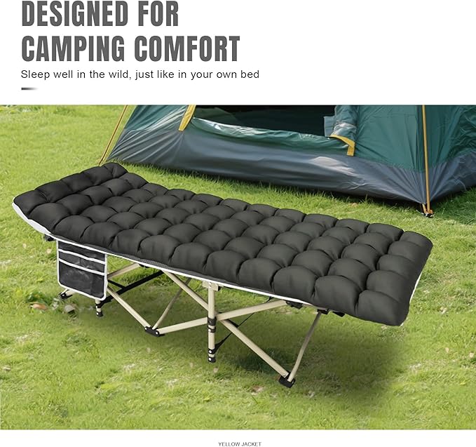 YELLOW JACKET Camping Cot with Mattress for Adults Folding Sleeping Cot 600lbs Max Load Portable Camping Cot with Carry Bag 28 Wide Cot for Camping HomeOfficeTravel (Black)