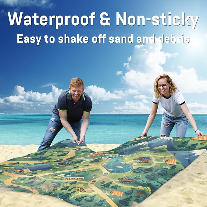 Waterproof Sandproof Beach Blanket 59''×68'' Scenery Mountains Polyester Outdoor Picnic Blanket with 4 Stakes &amp Storage Bag for BeachCampingVacation Green