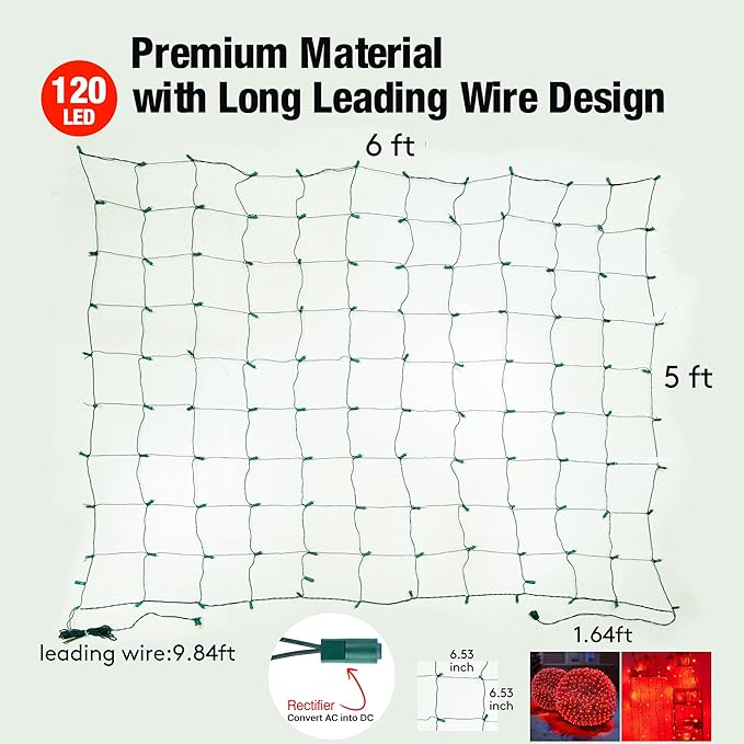 Led Red Christmas Net Lights Outdoor Christmas Bushes Lights 120Led 6ftx5ft Connectable Outdoor Indoor Mesh Net Lighting for Xmas Holiday Garden Lawn Shrubs Trees Bushes Decorations
