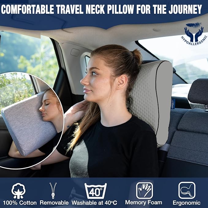 alkamto Travel &amp Camping Comfortable Memory Foam Pillow – Easy to Carry Portable Bag – Temperature Regulating Pillow Case (Grey Contour + Extra Cover)