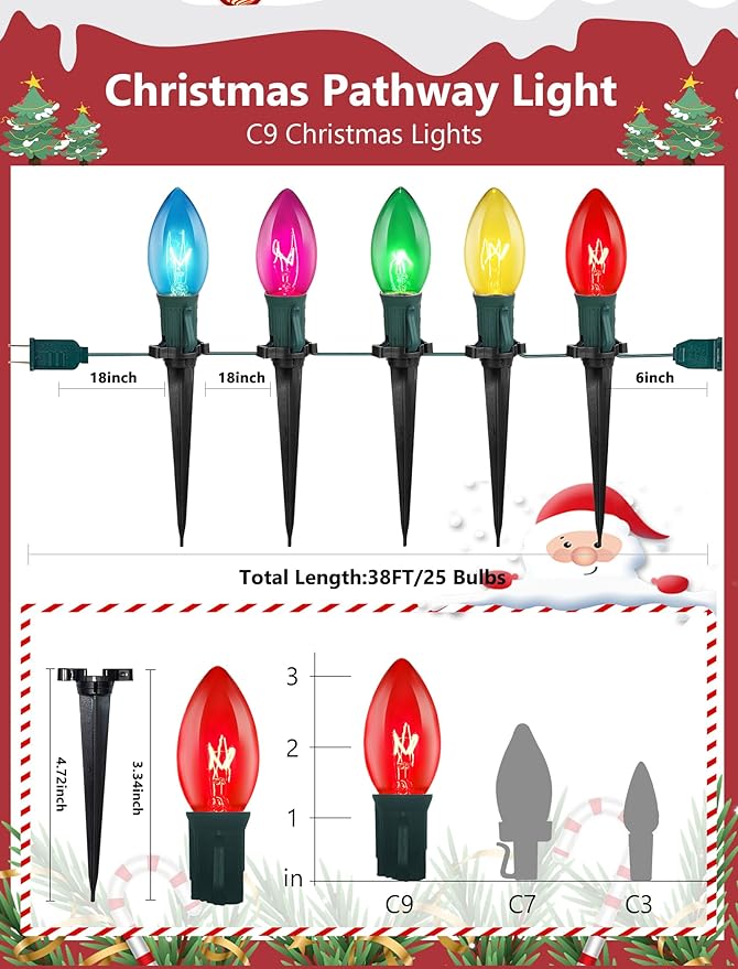 C9 Christmas Pathway Lights Outdoor 38Ft Vintage Christmas Decorations String Lights with 27 C9 Multicolor Bulbs and 25 Stakes Outside Walkway Lights for Driveway Sidewalk Yard Path Xmas Decor