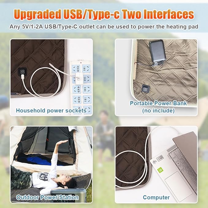 Portable Large Size Electric Heating Pad Heated Sleeping Pad Outdoor Camping Sleeping Bag Pad USB/Type-C Powered 3 Heating Levels Heating Pad for Cold Weather Camping Backpacking or Hiking 59 x 71in