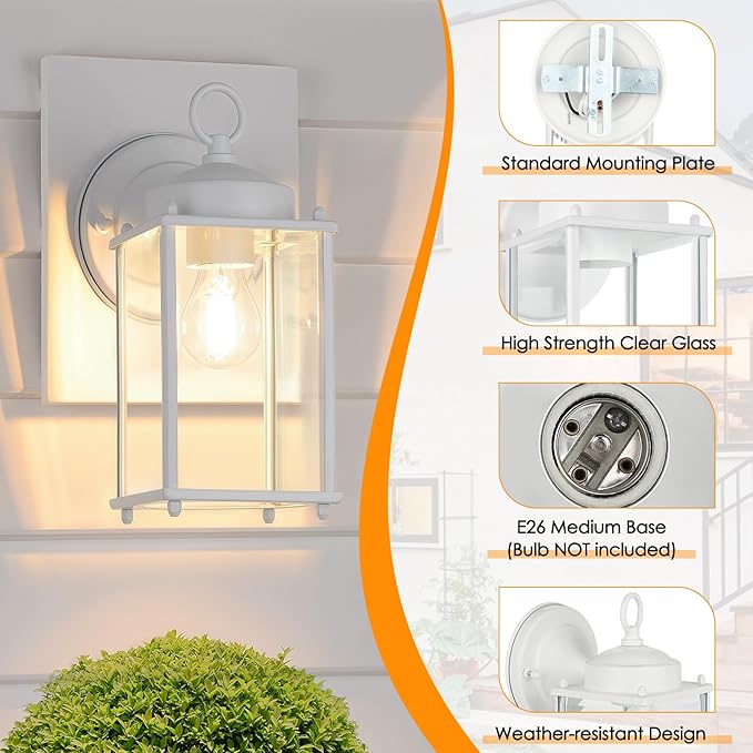 Large Outdoor Wall Lantern Exterior Waterproof Wall Sconce Light Fixtures White Front Door Lighting with Clear Beveled Glass Anti-Rust E26 Socket Porch Lamp 2 Pack