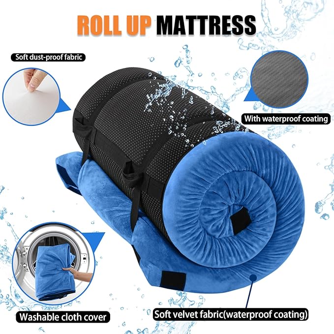 Sleeping Pad3-inch Thick Memory Foam Camping MattressPortable Roll-Up Mat for Car/Tent/Floor/Cot/TravelComfortable Pad for Guests Sleepover