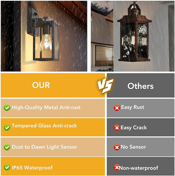 PARTPHONER Dusk to Dawn Outdoor Light Fixtures 2-Pack Sensor Porch Lights Waterproof Exterior Wall Sconce Lighting Lamp Waterproof Wall Lantern for House Doorway Garage (Black)
