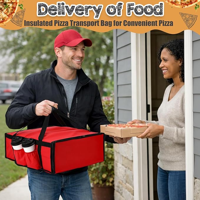 LemonRoad 3 Pcs Pizza Delivery Bag with 4 Cup Holder Insulated Food Grocery Bag 20 x 20 x 8 Pizza Warmer Bags for Carry Hot Catering Delivery Driver Essentials(Red)