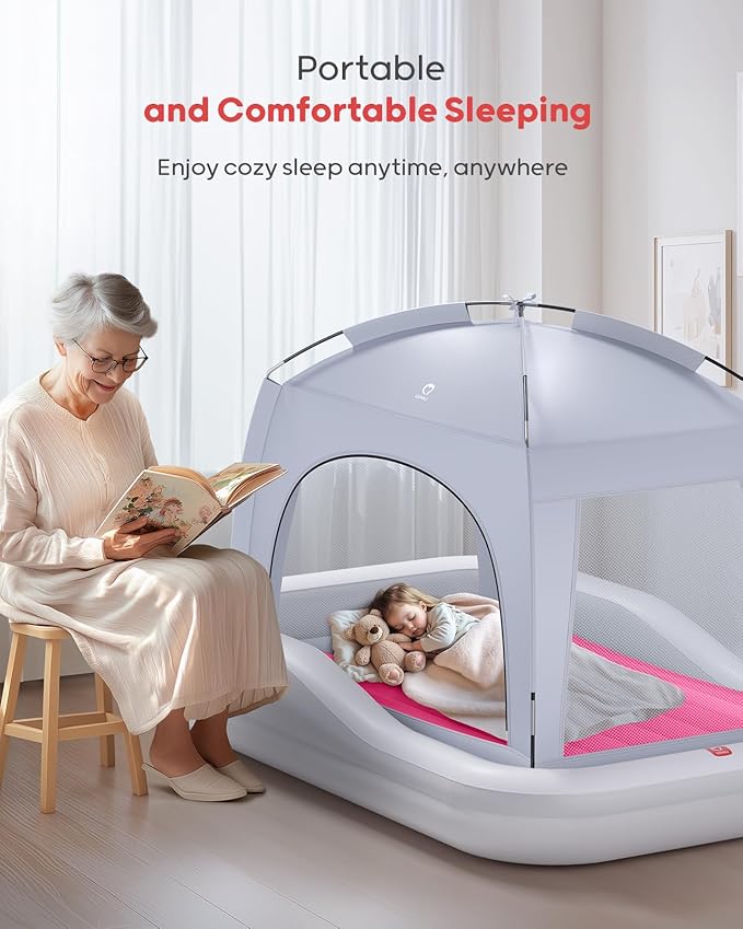 QPAU Inflatable Toddler Travel Bed with Tent Portable Kids Air Mattress with Safety Sides Ideal for Home Grandma's Camping Traveling -Includes Fast Electric Pump