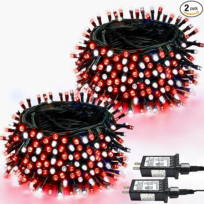 2-Pack 66FT 200 LED Christmas Lights 13 Modes Extendable Christmas Tree Lights with Timer &amp Memory Waterproof Twinkle Fairy Lights Green Wire Outdoor String Lights Indoor for Xmas Tree (Red Whit