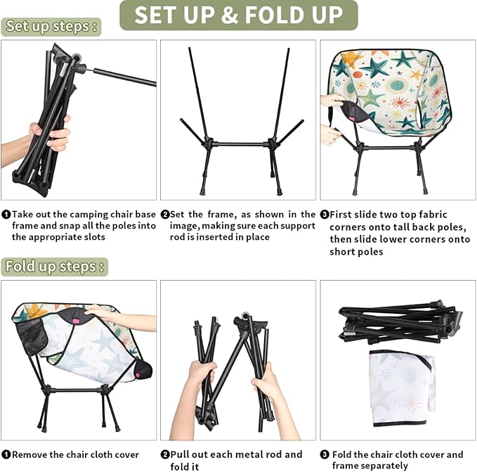 Honeybaby Folding Camping Chair Starfish Pattern Camping Chairs Lightweight Portable Chair Outdoor Foldable Chairs for Camping Travel Picnic Beach Hiking