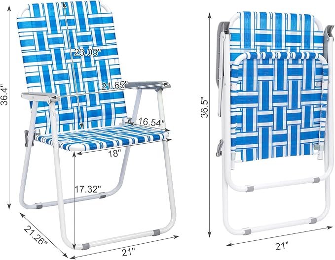 Set of 2 Folding Patio Lawn Chairs Webbed Folding Chair Outdoor Beach Chair High Back Seat Portable Camping Chair for Yard Garden (Blue White)