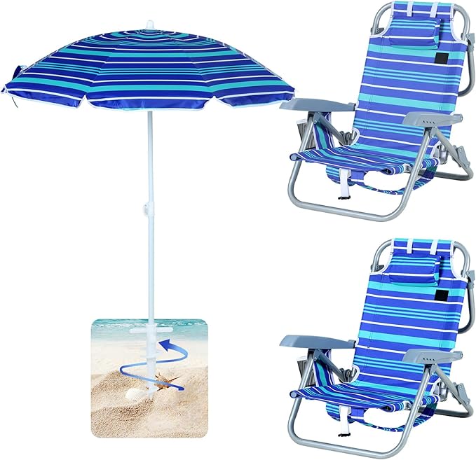 CDEN Beach Chair with Umbrella for Kids Toddler Foldable Beach Chair Backpack Beach Chairs Lightweight with Side Bag Umbrella Sand Anchor (2 Pack)