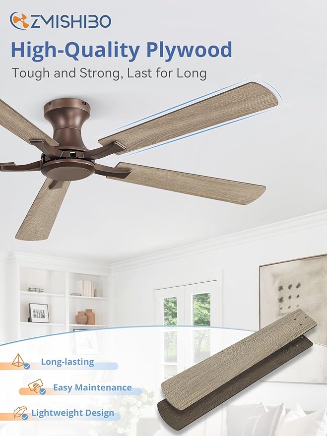 ZMISHIBO 60 Inch Ceiling Fan No Light Flush Mount Low Profile Farmhouse Brown Ceiling Fan Without Light Remote Control &amp Quiet DC Motor for Indoor&ampOutdoor Bedroom Living Room