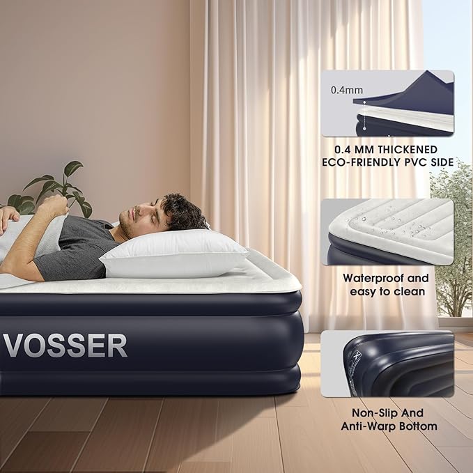 Air Mattress Queen with Built in Pump18'' Inflatable Mattress of Vertical BeamsSelf Inflatable/Deflation Blow Up Mattress in 3 MinsFlocked Top Airbed with Carry Bag for Home Camping