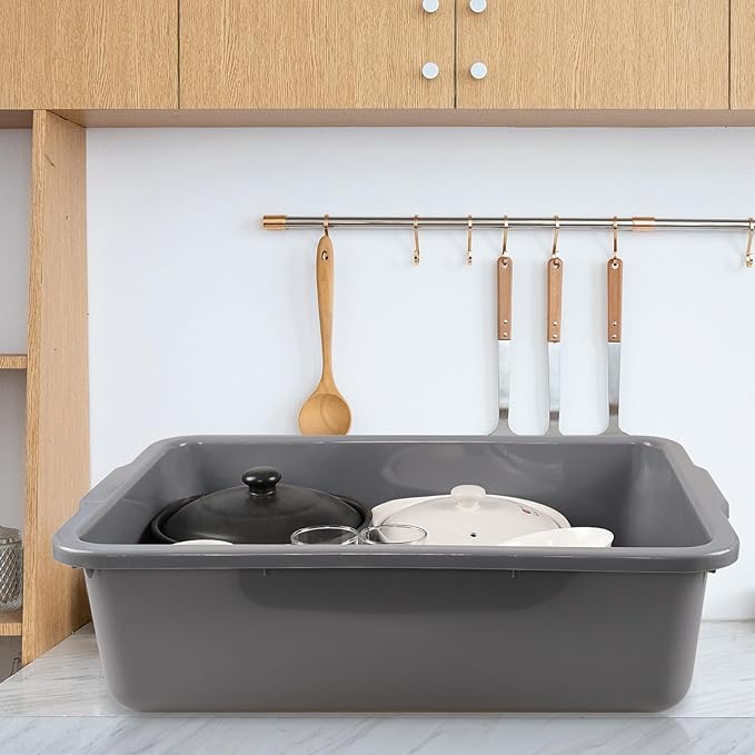 4-Pack 32 L Commercial Bus Tub Large Plastic Rectangular Dishpan Tub Grey