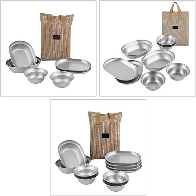 TablewareSet of 6/8/10 Outdoor Camping Dish Set Dinner Plate Stainlesss Steel Food Plates Practical Picnics Dishes
