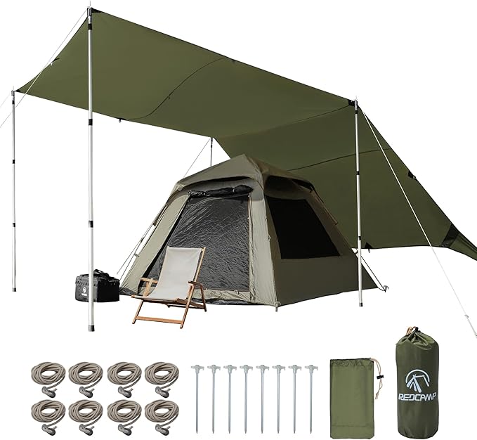 REDCAMP 10x17ft Large Waterproof Camping Tarp Hammock Rain Fly with UV50+ Sun Protection 8 Guy Lines &amp Stakes＋ Aluminum Adjustable Camping Tarp Poles Set of 2 90 Telescoping Lightweight Tent