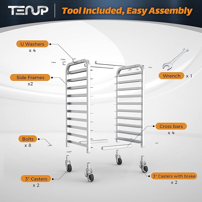 TenUp 10-Tier Half Size Sheet Pan Rack Heavy-Duty Aluminum Bakery Rack with Wheels – Commercial Cooling &amp Storage Cart – 18 L x 15.5 W x 36 H