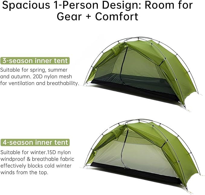 Taiji 1 Ultralight 3/4 Season Camping Tent 1 Person Backpacking Tent Easy Setup Instant 5000mm Waterproof Small Dome Tents for One Man Hiking Mountain
