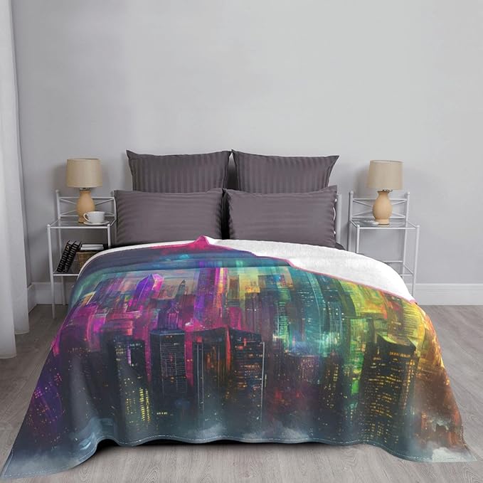 Holographic City Soft Fleece Blanket 60 * 50 inch Soft Sofa Blanket Suitable for Sofa Camping Travel Night Cover Blanket