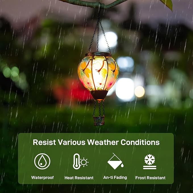 2 Pack Dragonfly Hot Air Balloon Solar Lantern Outdoor Waterproof Glass Balloon Lanterns for Outside Decorative Hanging Solar Lights Patio Garden Yard Gift for Women Moms